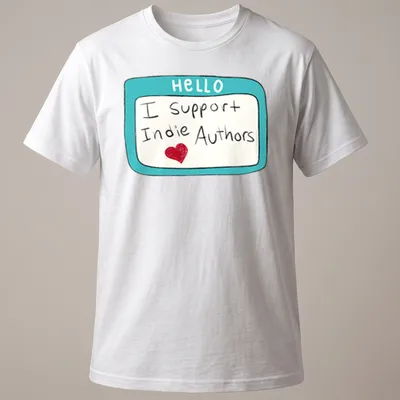 Playful name tag design with text 'I Support Indie Authors' in turquoise and red
