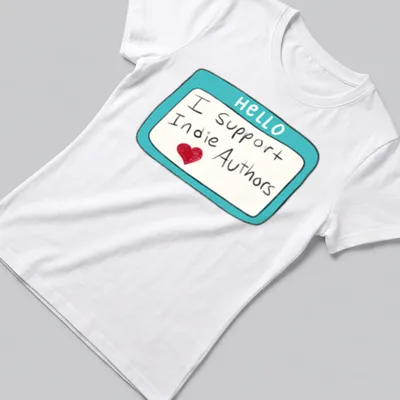 Playful name tag design with text 'I Support Indie Authors' in turquoise and red — printed on a women's shirt