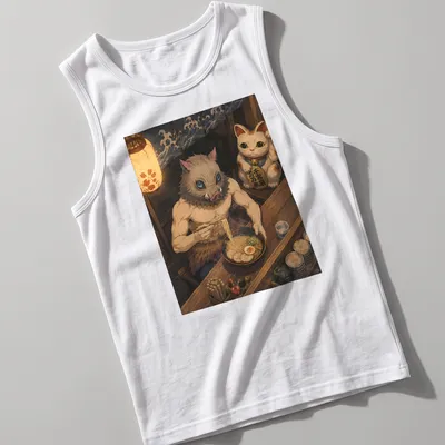 Anime-style Inosuke Hashibira with ramen in cozy design. — printed on a tank top