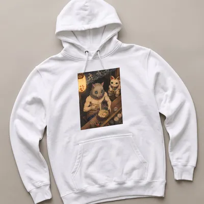 Anime-style Inosuke Hashibira with ramen in cozy design. — printed on a unisex hoodie