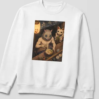 Anime-style Inosuke Hashibira with ramen in cozy design. — printed on a unisex sweatshirt
