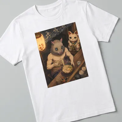 Anime-style Inosuke Hashibira with ramen in cozy design.