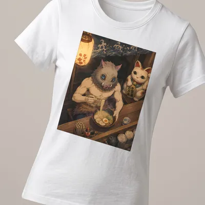 Anime-style Inosuke Hashibira with ramen in cozy design. — printed on a women's shirt