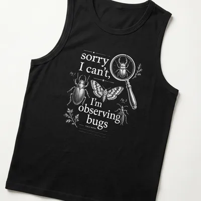 Vintage illustration of insects with humorous text about observing bugs — printed on a tank top