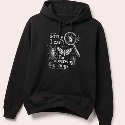 Vintage illustration of insects with humorous text about observing bugs — printed on a unisex hoodie