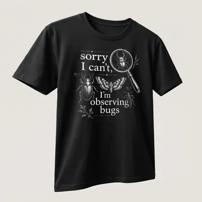 Vintage illustration of insects with humorous text about observing bugs — printed on a unisex t-shirt (angled view)
