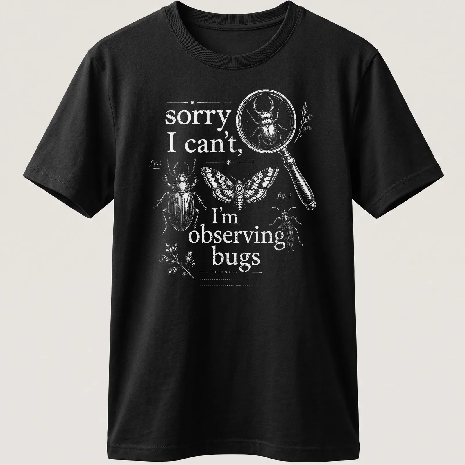 Vintage illustration of insects with humorous text about observing bugs — printed on a unisex t-shirt