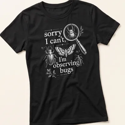 Vintage illustration of insects with humorous text about observing bugs — printed on a women's shirt