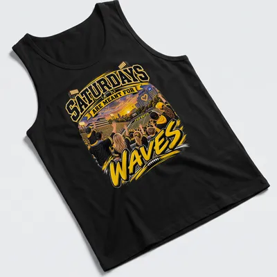 Vibrant illustration of Iowa football fans with text about Saturdays and waves — printed on a tank top