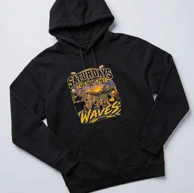 Vibrant illustration of Iowa football fans with text about Saturdays and waves — printed on a unisex hoodie