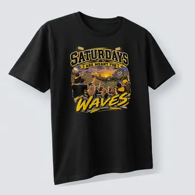 Vibrant illustration of Iowa football fans with text about Saturdays and waves — printed on a unisex t-shirt (angled view)