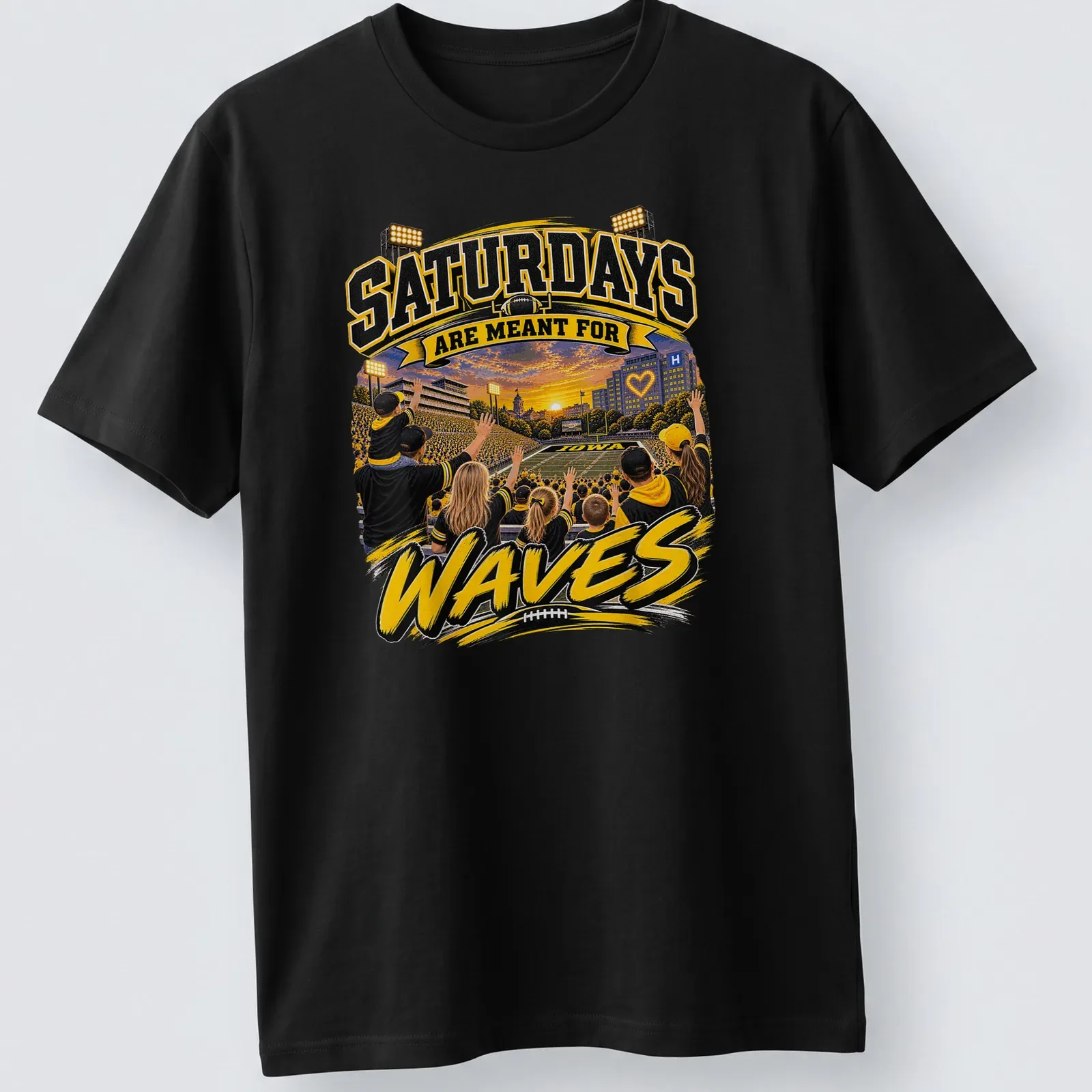 Vibrant illustration of Iowa football fans with text about Saturdays and waves — printed on a unisex t-shirt