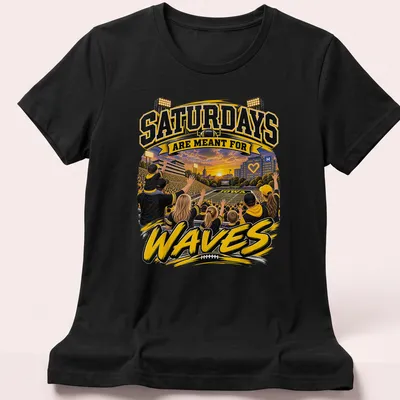 Vibrant illustration of Iowa football fans with text about Saturdays and waves — printed on a women's shirt