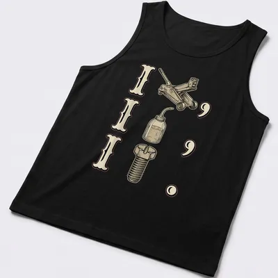 Vintage illustration t-shirt featuring auto mechanic tools and humorous text — printed on a tank top
