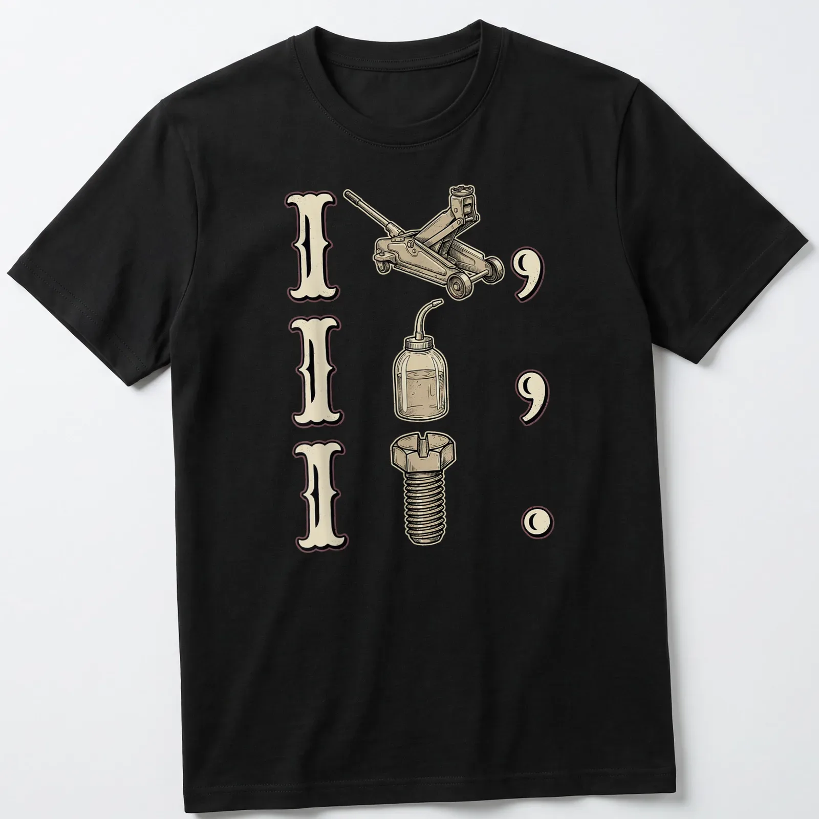 Vintage illustration t-shirt featuring auto mechanic tools and humorous text — printed on a unisex t-shirt