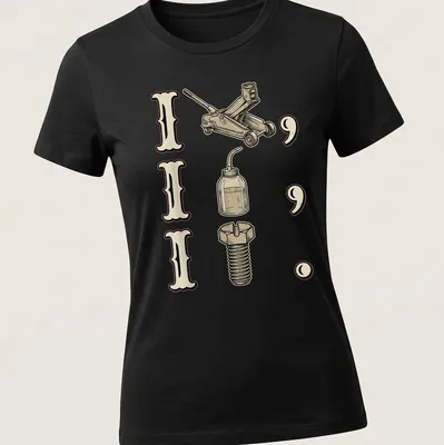 Vintage illustration t-shirt featuring auto mechanic tools and humorous text — printed on a women's shirt