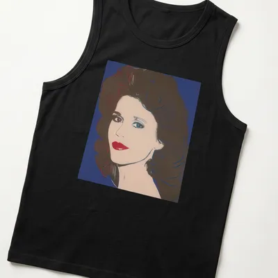 Pop art style t-shirt featuring Jane Fonda in red, blue, and white colors — printed on a tank top