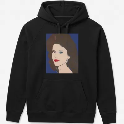 Pop art style t-shirt featuring Jane Fonda in red, blue, and white colors — printed on a unisex hoodie