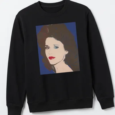 Pop art style t-shirt featuring Jane Fonda in red, blue, and white colors — printed on a unisex sweatshirt