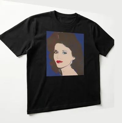 Pop art style t-shirt featuring Jane Fonda in red, blue, and white colors — printed on a unisex t-shirt (angled view)