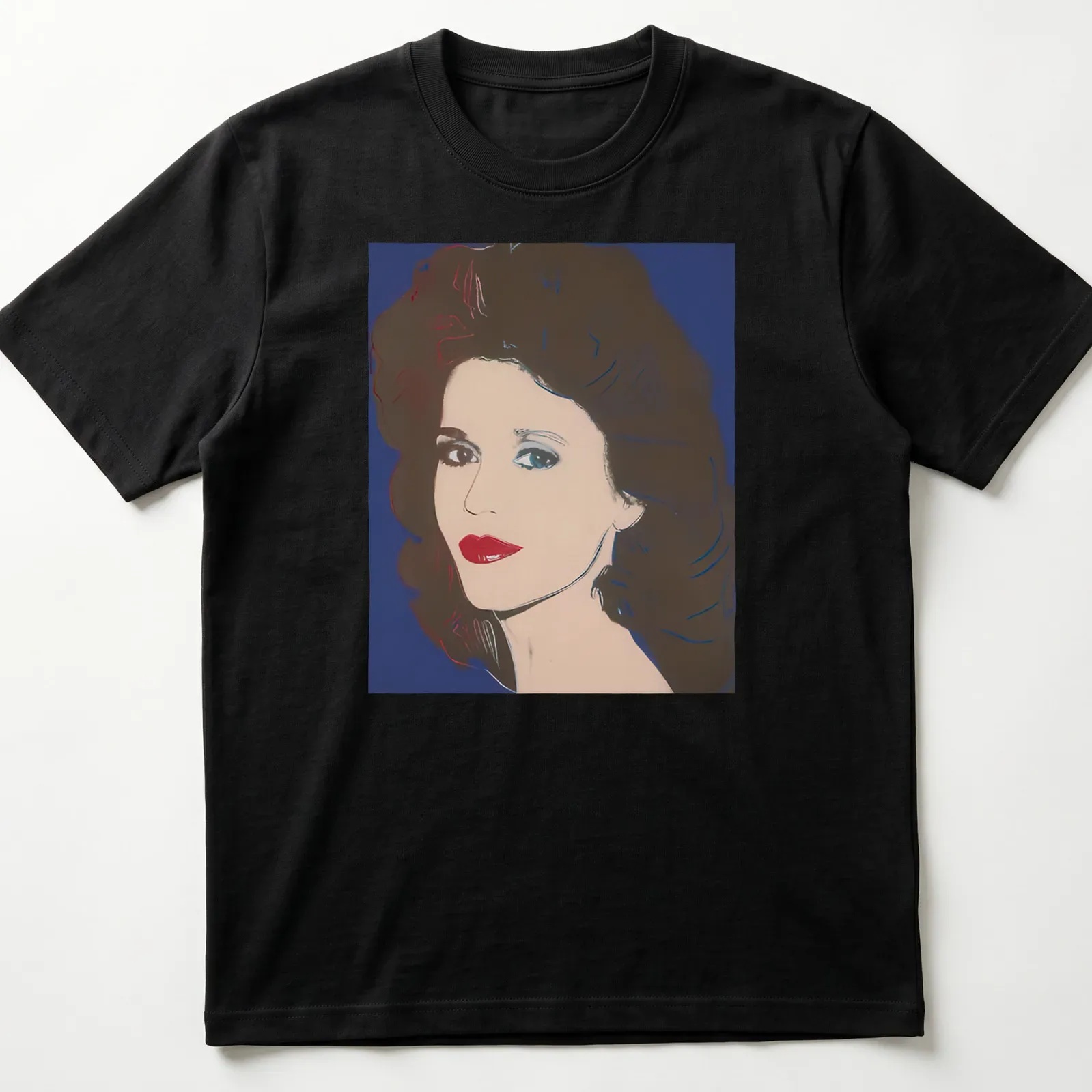 Pop art style t-shirt featuring Jane Fonda in red, blue, and white colors — printed on a unisex t-shirt