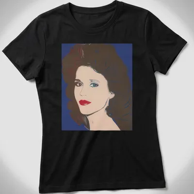 Pop art style t-shirt featuring Jane Fonda in red, blue, and white colors — printed on a women's shirt