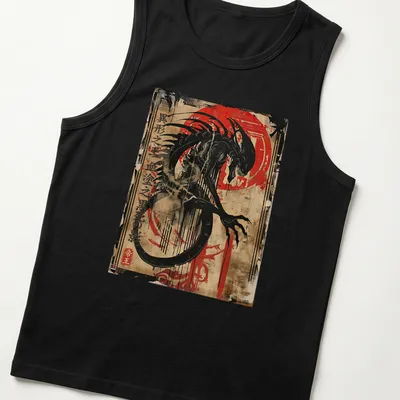 Japanese alien demon design in ink art style with bold colors — printed on a tank top