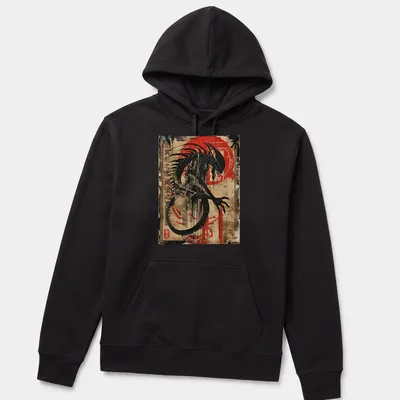 Japanese alien demon design in ink art style with bold colors — printed on a unisex hoodie