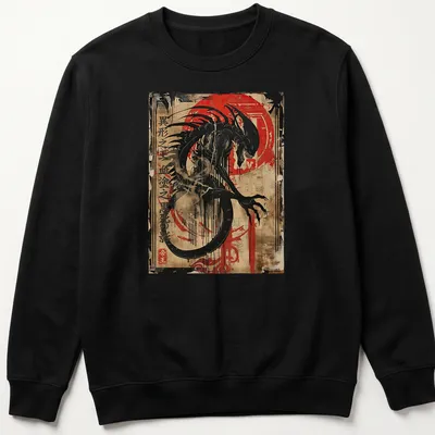 Japanese alien demon design in ink art style with bold colors — printed on a unisex sweatshirt