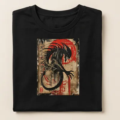 Japanese alien demon design in ink art style with bold colors — printed on a women's shirt