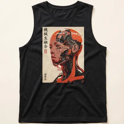 Japanese cyborg illustration with text in vibrant orange and black — printed on a tank top
