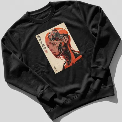 Japanese cyborg illustration with text in vibrant orange and black — printed on a unisex sweatshirt