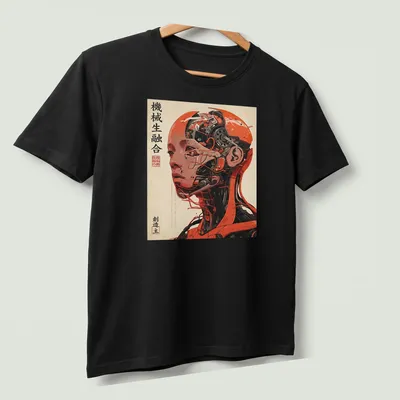 Japanese cyborg illustration with text in vibrant orange and black — printed on a unisex t-shirt (angled view)