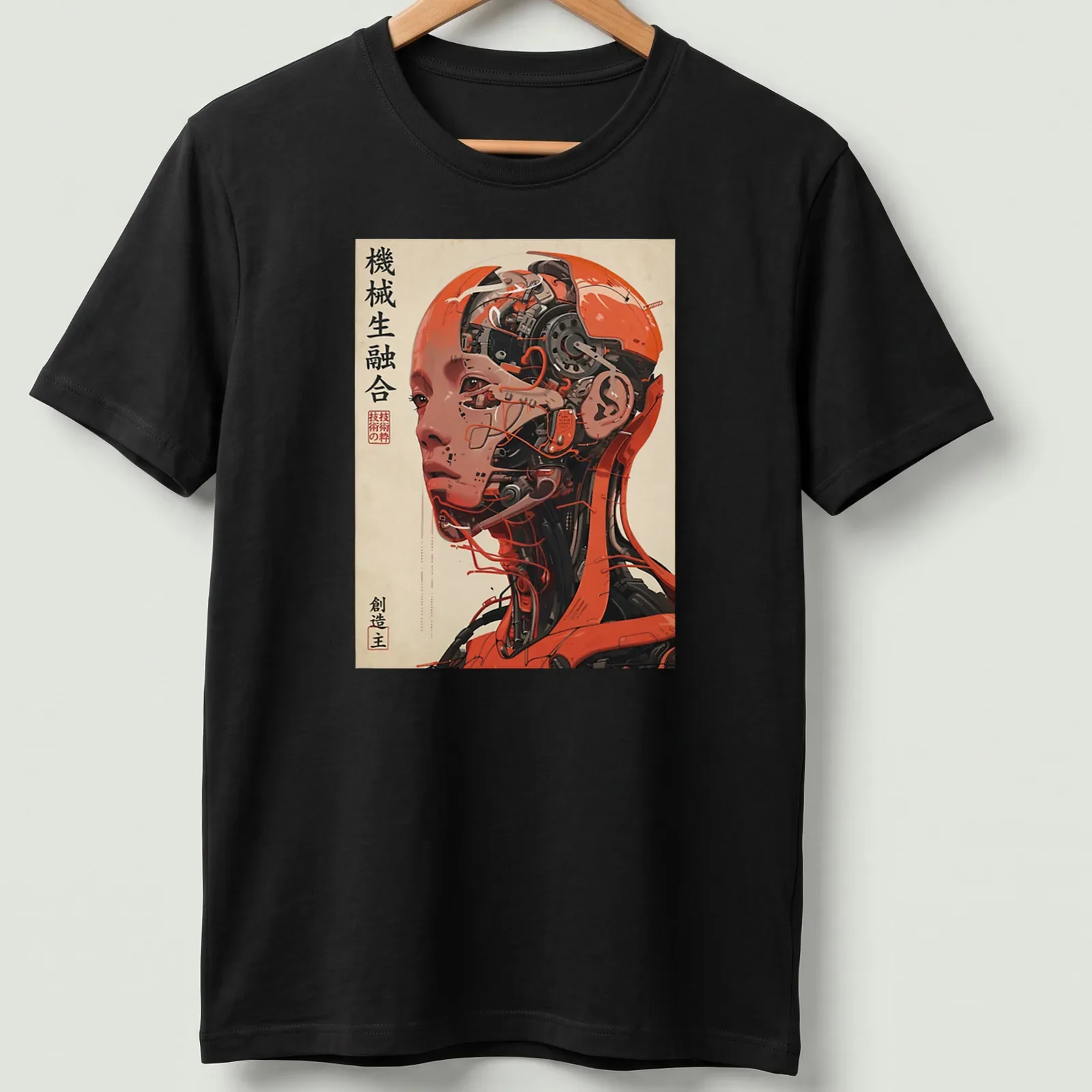 Japanese cyborg illustration with text in vibrant orange and black — printed on a unisex t-shirt