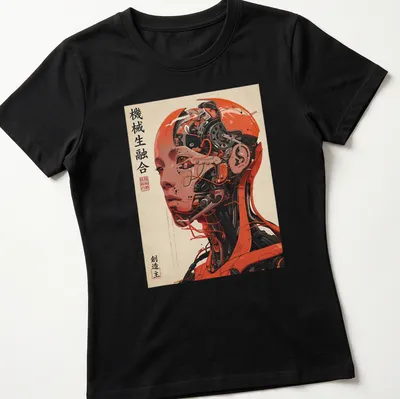 Japanese cyborg illustration with text in vibrant orange and black — printed on a women's shirt