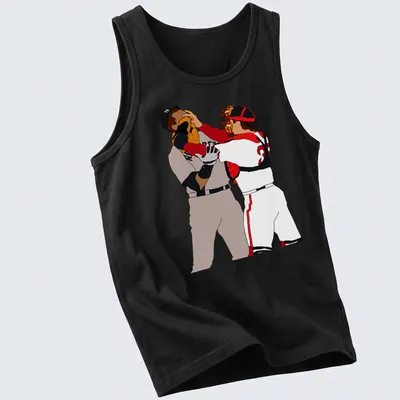 Cartoon depiction of baseball players Varitek and Rodriguez in a brawl — printed on a tank top