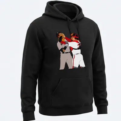 Cartoon depiction of baseball players Varitek and Rodriguez in a brawl — printed on a unisex hoodie