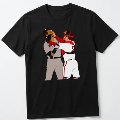 Cartoon depiction of baseball players Varitek and Rodriguez in a brawl