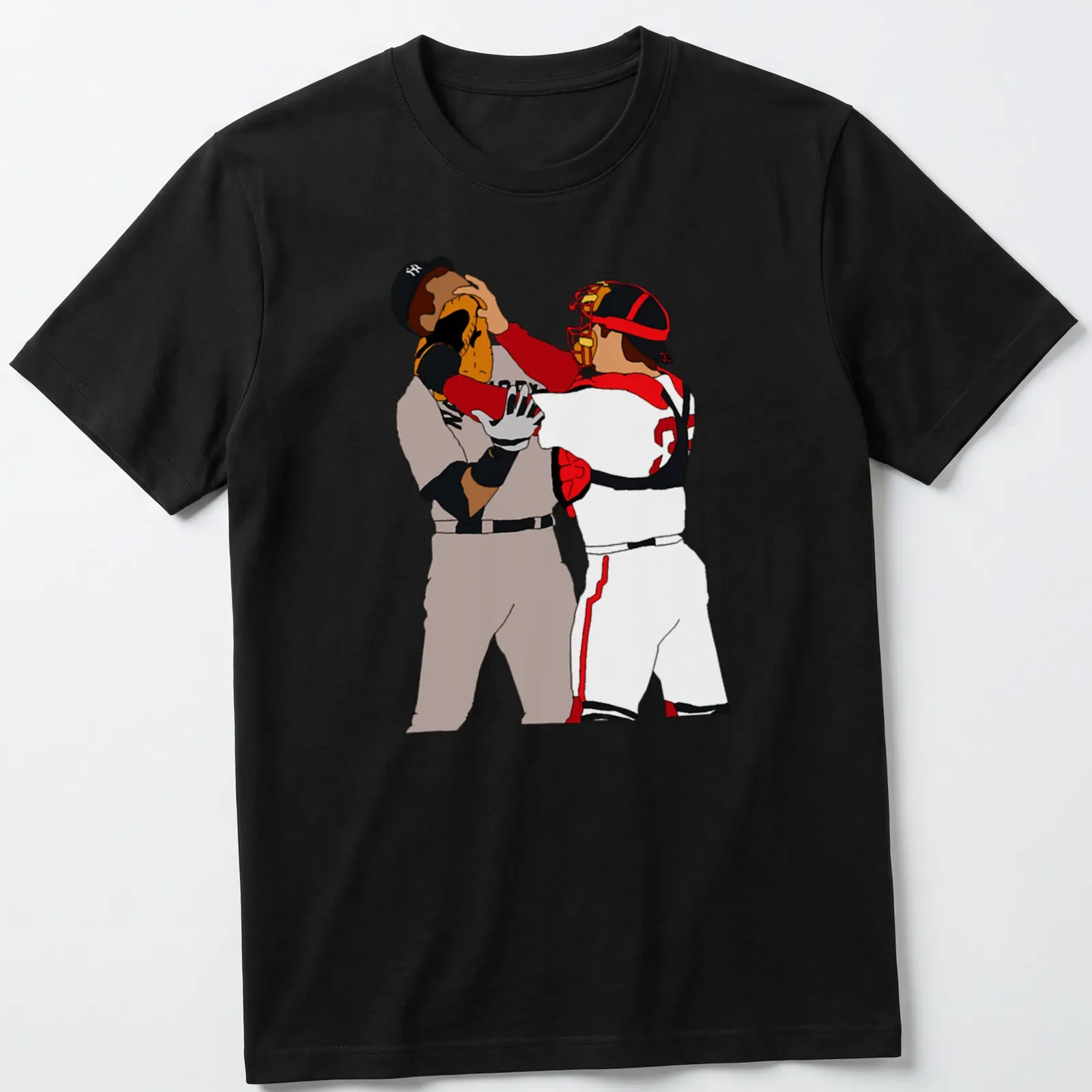 Cartoon depiction of baseball players Varitek and Rodriguez in a brawl — printed on a unisex t-shirt
