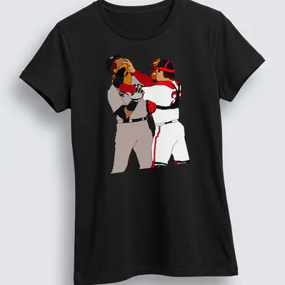 Cartoon depiction of baseball players Varitek and Rodriguez in a brawl — printed on a women's shirt