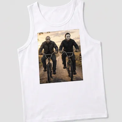Realistic depiction of Jason Voorhees and Michael Myers riding bikes in dark colors — printed on a tank top