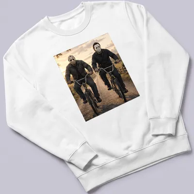 Realistic depiction of Jason Voorhees and Michael Myers riding bikes in dark colors — printed on a unisex sweatshirt