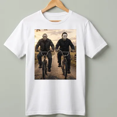 Realistic depiction of Jason Voorhees and Michael Myers riding bikes in dark colors