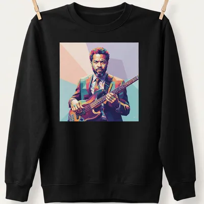 Pop art Jazz Bass t-shirt featuring colorful bass player illustration — printed on a unisex sweatshirt