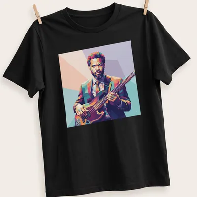 Pop art Jazz Bass t-shirt featuring colorful bass player illustration