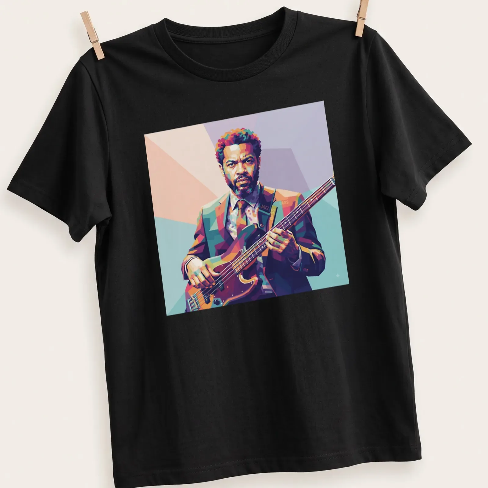 Pop art Jazz Bass t-shirt featuring colorful bass player illustration — printed on a unisex t-shirt