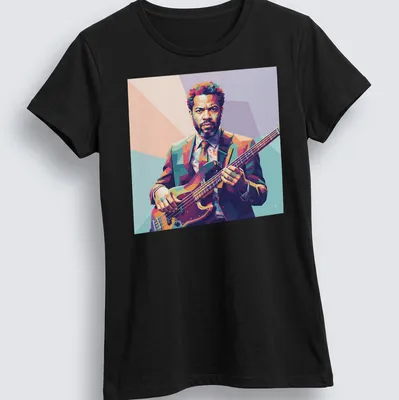 Pop art Jazz Bass t-shirt featuring colorful bass player illustration — printed on a women's shirt