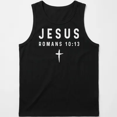 Bold typography t-shirt featuring Jesus and Romans 10:13 in white text — printed on a tank top
