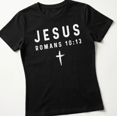 Bold typography t-shirt featuring Jesus and Romans 10:13 in white text — printed on a women's shirt