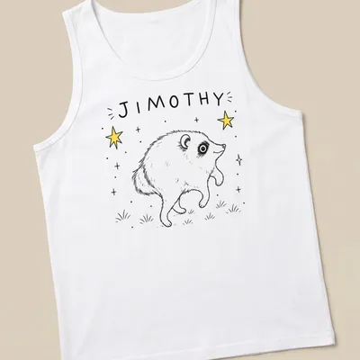 Kawaii style Jimothy raccoon dancing with stars in black, white, and yellow — printed on a tank top